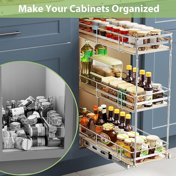 ROOMTEC 3-Tier Pull Out Cabinet Organizer Spice Rack for Narrow Cabinet 7" W x 20½" D, Slide Out Wood Shelves Storage for Kitchen - ModernBath