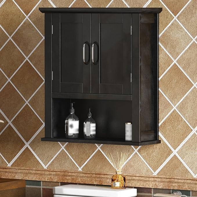 ChooChoo Wood Wall Cabinet with Doors, Medicine Cabinet with Adjustable Shelves Over The Toilet, Hanging Cabinet Wall Mounted for Bathroom, Kitchen, Living Room, Black - ModernBath