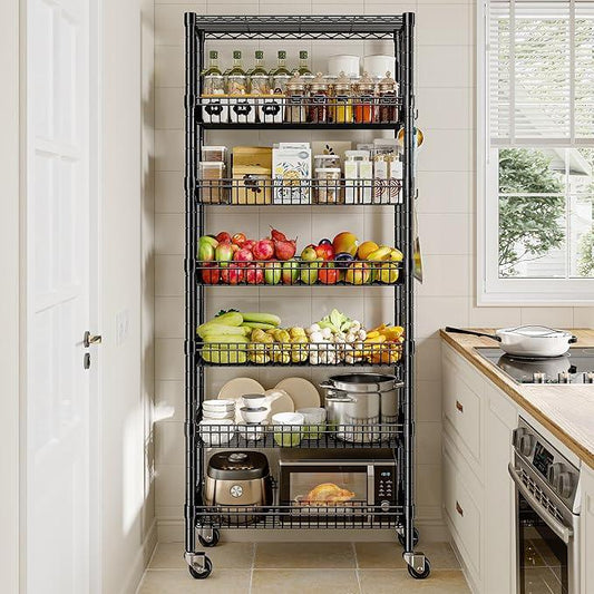 7 Tier Wire Shelving with Wheels 72" H Adjustable Basket Shelf Storage Shelves with Hooks for Kitchen Bathroom Pantry Shelves Closet Laundry Room Organization 72" H x 30" W x 14" D, Black - ModernBath