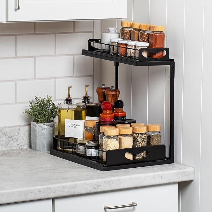 ClearSpace Under Sink Organizer, Pull Out Cabinet Organizer, 2 Pack - 2 Tier Slide Out Organizers and Storage Shelf - Metal Sliding Drawer for Kitchen Bathroom Pantry Cabinet Organization Rack, Black - ModernBath