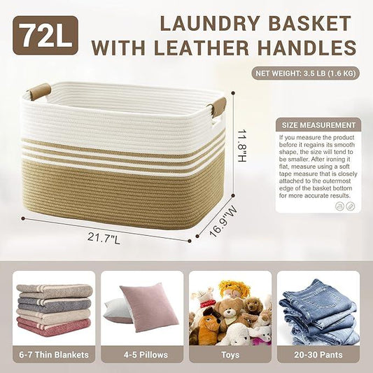 72L Large Laundry Basket with Leather Handles for Living Room Storage, Woven Rope Baskets Bin for Blanket, Kids Toy, Gifts, Wicker Hamper for Bedroom Dirty Clothes, 22"x17"x12" Khaki - ModernBath