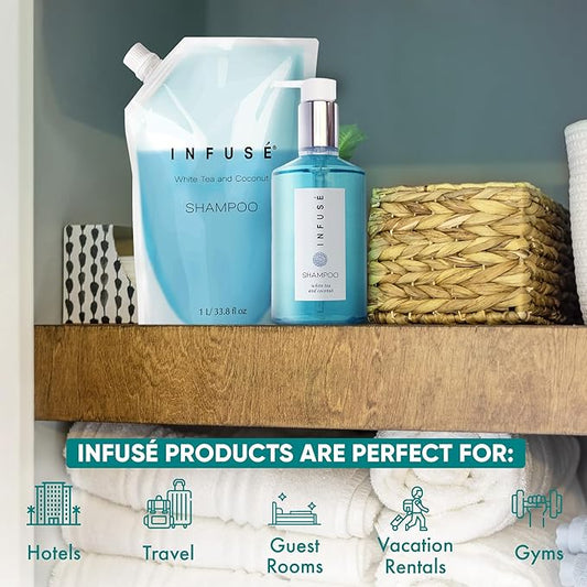 INFUSÉ 1 Liter Shampoo Refill Bag For Soap Dispensers | Bulk Toiletries for Vacation Rentals, and Home Bathroom Showers | White Tea and Coconut | Single
