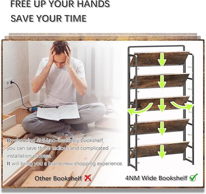 4NM No Assembly Extra Wide 5 Tiers Folding Bookshelf Storage Shelves Vintage Bookcase Standing Racks Study Organizer Home Office (Rustic Brown Black) - ModernBath