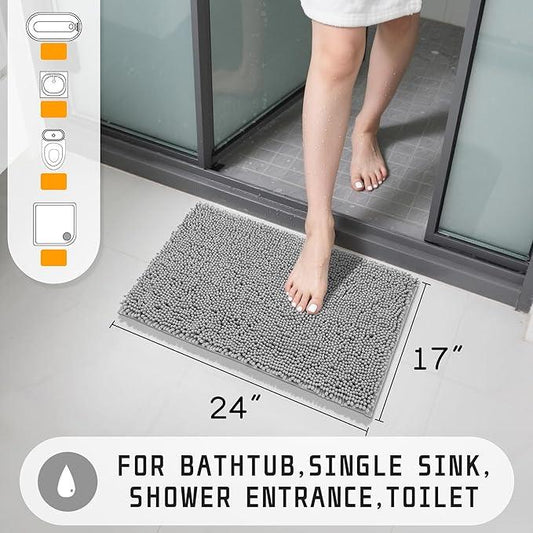 Yimobra Washable Bathroom Rugs, Super Soft & Absorbent Chenille Bath Mat for Floor & Carpet, Quick Dry Non Slip Bath Mat for Tub Shower, 24" x 17",Grey - ModernBath