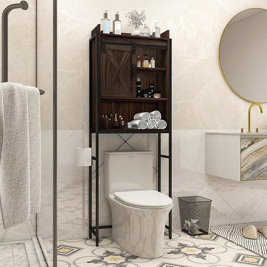 LOKO Over The Toilet Storage Cabinet, Freestanding Bathroom Space Saver with Adjustable Shelves & Sliding Barn Door, 4-Tier Over Toilet Bathroom Organizer, 25 x 9.5 x 67.5 inches (Espresso) - ModernBath