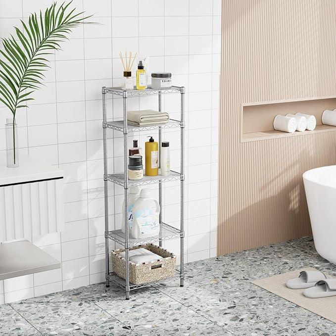 Small 5 tire Shelves Storage Wire Shelving Unit Metal Shelf Adjustable Organizers Storage Shelving for Bathroom Laundry Room Kitchen Pantry10”D x 16”W x 55”H Silver - ModernBath