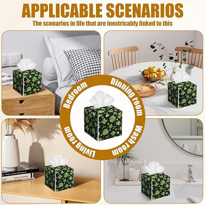 Green Clover Shamrock Tissue Box Cover 2PCS, St.Patrick's Leather Tissue Box Holder Square Facial Paper Case Tissue Box Cube Organizer for Bathroom Bedroom Desk Office - ModernBath