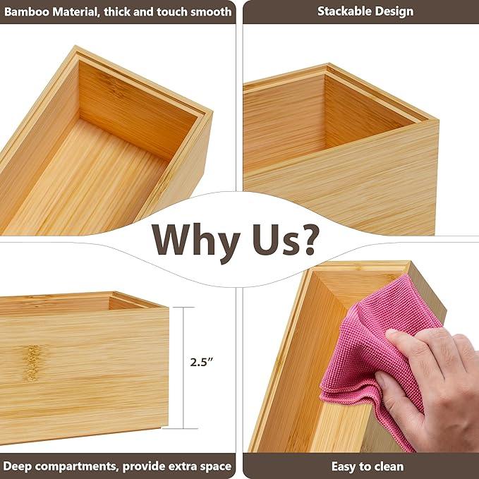 Kitchen Drawer Organizer Bins, Stackable Bamboo Deep Drawer Organizer for Silverware, Utensils, Cutlery, Flatware, Junk Drawer, Dresser, Bathroom, 9" x 3" x 2.5" (Set of 2) - ModernBath