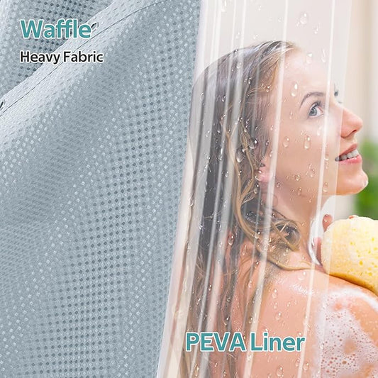 Vipfree 3 in 1 Shower Curtain Set, Waffle Shower Curtain and Liner Set with 12 Double Sided Shower Curtain Hooks, 258GSM Luxury Weighted Cloth Shower Curtains for Bathroom, 72 W x 72 H, Fog Blue