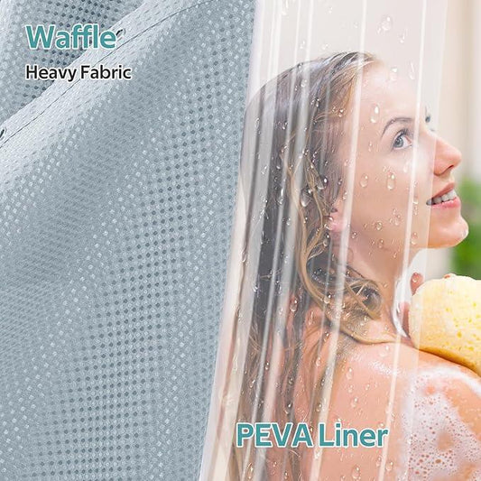Vipfree 3 in 1 Shower Curtain Set, Waffle Shower Curtain and Liner Set with 12 Double Sided Shower Curtain Hooks, 258GSM Luxury Weighted Cloth Shower Curtains for Bathroom, 72 W x 72 H, Fog Blue - ModernBath