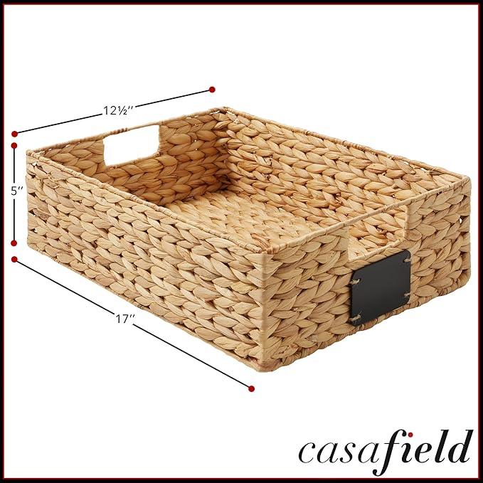 Casafield Set of 4 Water Hyacinth Pantry Baskets, 12-1/2" x 17" x 5", with Chalkboard Labels and Chalk Marker - Natural, Woven Storage Bin Organizers for Kitchen Shelves - ModernBath