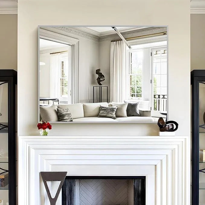 COFENY 30x40In Silver Bathroom Mirror for Wall, Brushed Nickel Rectangle Mirrors with Metal Frame, Bathroom Rectangular Mirror Modern Wall Mirror for Bedroom Living Room, Hangs Horizontal or Vertical - ModernBath