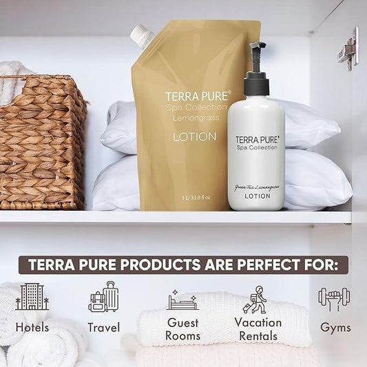 Terra Pure Spa Collection 1 Liter Lotion Refill Bag For Soap Dispensers | Bulk Toiletries for Vacation Rentals, and Home Bathroom Showers | Green Tea Lemongrass | Single - ModernBath