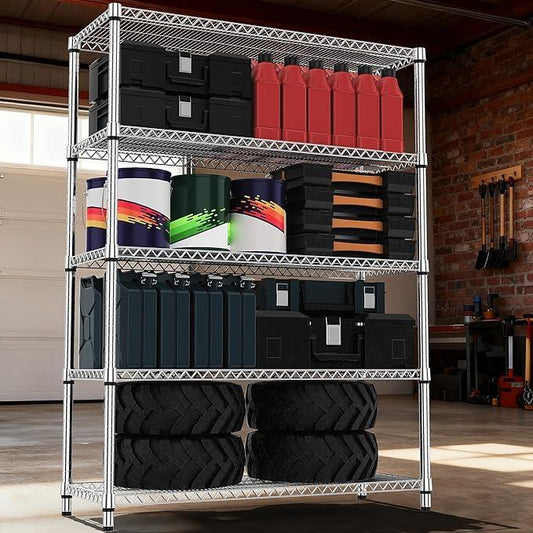 5 Tiers Shelf Metal Storage Shelves 3300 lbs Steel Storage Shelving Utility Shelving Unit Steel Organizer Wire Rack for Home,Kitchen,Office,Garage Chrome 17.7" D x 47.2" W x 70.3" H - ModernBath