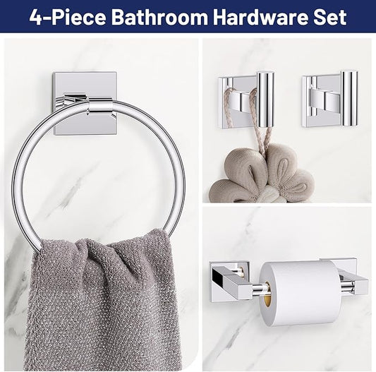 Towel Ring Set 4 Piece Bathroom Hardware Set Includes Towel Ring 2 Towel Hooks and Toilet Paper Holder Stainless Steel Wall Mounted (Polished Chrome)