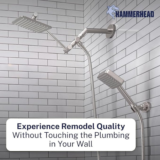 HammerHead® Solid Metal Dual Shower Head Combo — 8" Square Rain Shower Head with Handheld, 12" Adjustable Arm & Wall-Mount Holder for Flexible Installation — Brushed Nickel