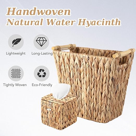 BSSN Wicker Trash Can & Square Tissue Box Holder, Water Hyacinth Waste Paper Baskets with Wooden Handles,Handwoven Waste Basket for Bathroom, Bedroom, Office (Wooden Handles Trash Can)