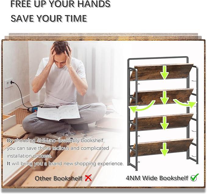 4NM No Assembly Extra Wide 4 Tiers Folding Bookshelf Storage Shelves Vintage Bookcase Standing Racks Study Organizer Home Office (Rustic Brown Black) - ModernBath