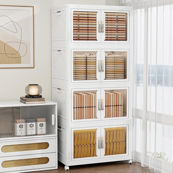 Large Stackable Storage Bins with Lids, 660QT-165QT*4Tier Foldable Cabinet for Closet Organizers, Plastic Storage Containers Box with Wheels - ModernBath
