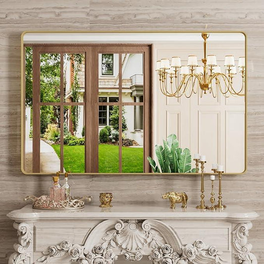 JISOSO Gold Bathroom Mirror, 48x30 Inch Brushed Gold Metal Frame Mirror for Wall, Rounded Rectangle Bathroom Vanity Mirror, Tempered Glass, Anti-Rust, Horizontal/Vertical - ModernBath