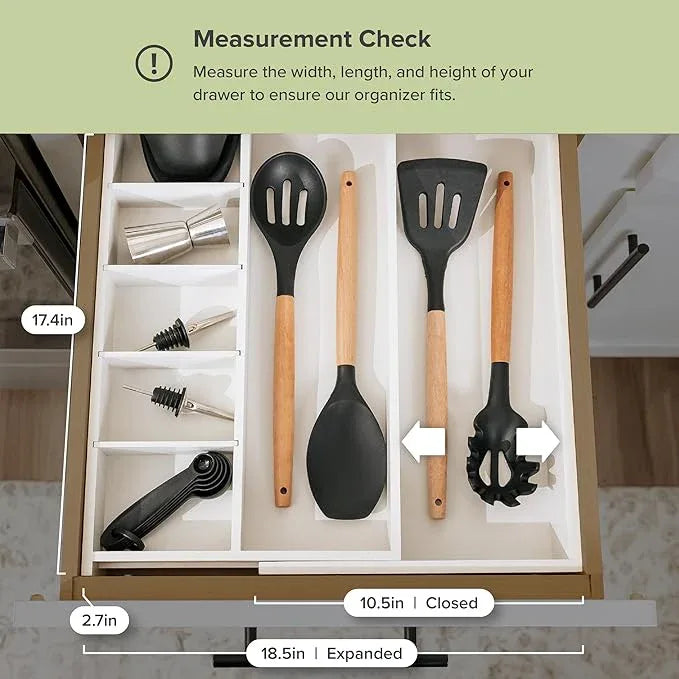 KitchenEdge Adjustable Kitchen Drawer Organizer for Utensils and Junk, Food-Safe Contract Grade with 100% Sustainable Wood, Expandable from 10.5 to 19 Inches Wide - White Bamboo - ModernBath