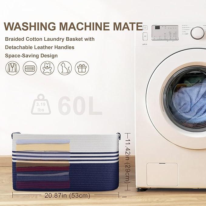 60L Large Laundry Basket with Leather Handles for Living Room Storage, Woven Rope Baskets Bin for Blanket, Kids Toy, Gifts, Wicker Hamper for Bedroom Dirty Clothes, 21"x15"x11" White Navy - ModernBath