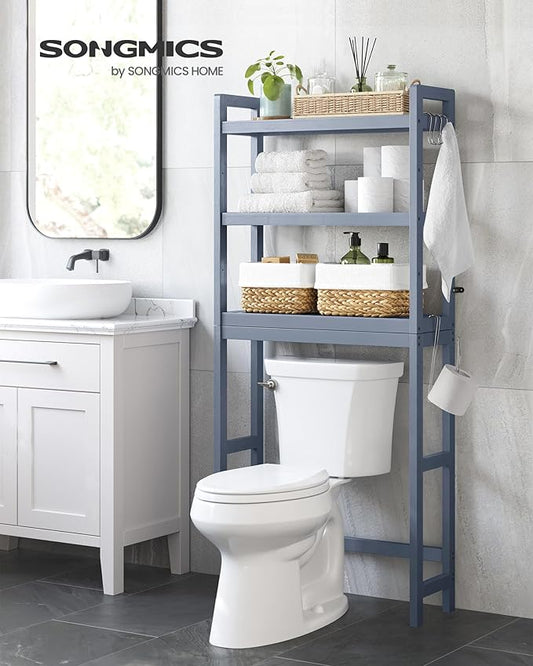 SONGMICS Over The Toilet Storage, 3-Tier Over Toilet Bathroom Organizer with Adjustable Shelf, 10.2 x 24.8 x 66.9 Inches, Space-Saving, Gray UBTS001G01
