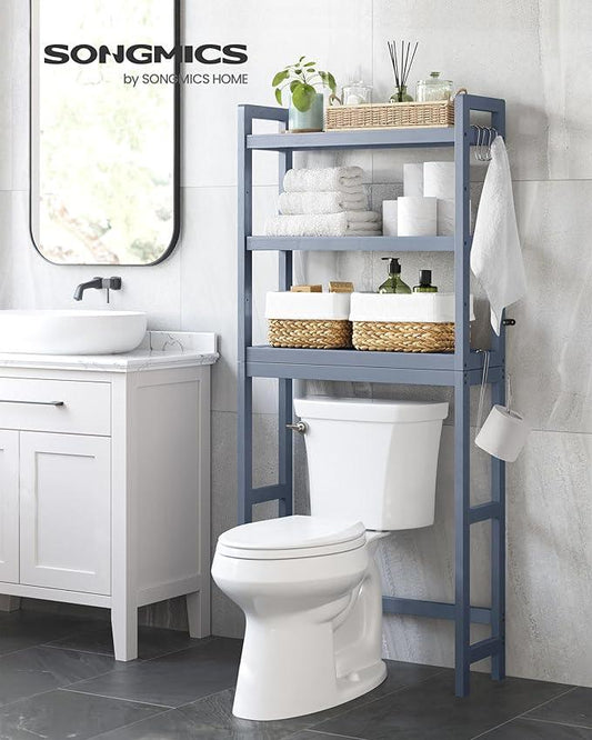 SONGMICS Over The Toilet Storage, 3-Tier Over Toilet Bathroom Organizer with Adjustable Shelf, 10.2 x 24.8 x 66.9 Inches, Space-Saving, Gray UBTS001G01 - ModernBath