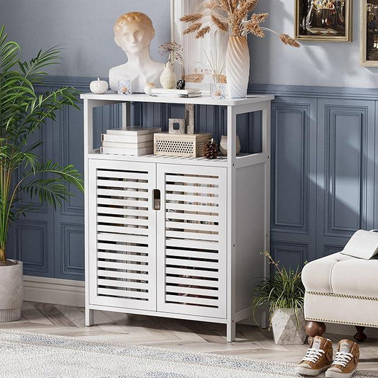 HITNET White Bathroom Cabinet, Bamboo Storage Cabinet Freestanding, Side Tall Storage Organizer for Kitchen Living Room Entryway - ModernBath