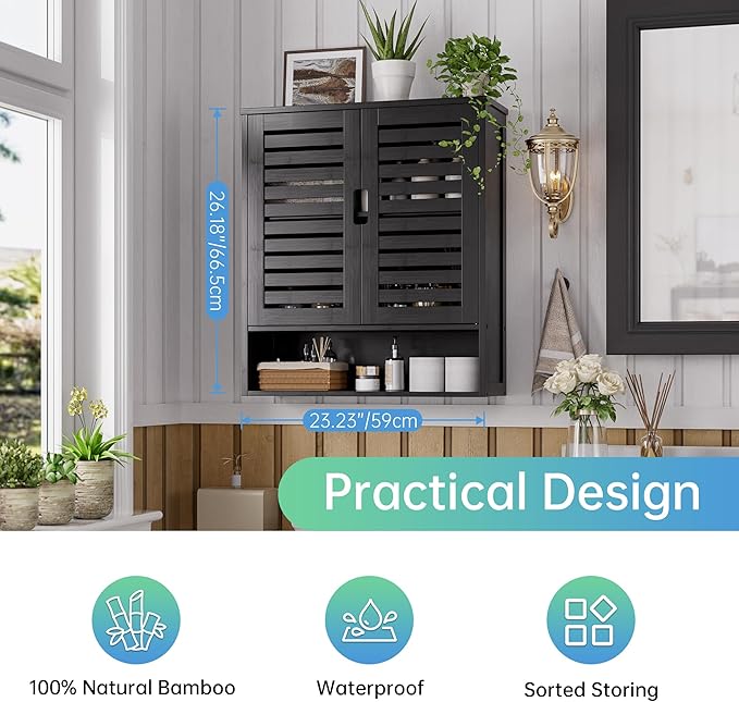 SMIBUY Bathroom Cabinet Wall Mounted, Bamboo Over-The-Toilet Storage Organizer, Space Saver Medicine Cabinet with 2 Door and Adjustable Shelves (Black)