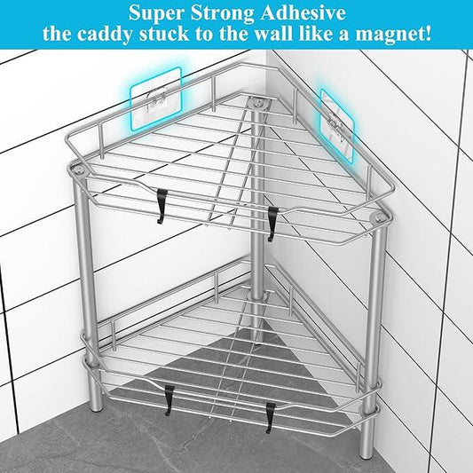 2 Tier Floor Standing Corner Shower Caddy Organizer Shelf with Hooks, Bathroom Shelves Stand Rack, Gray - ModernBath