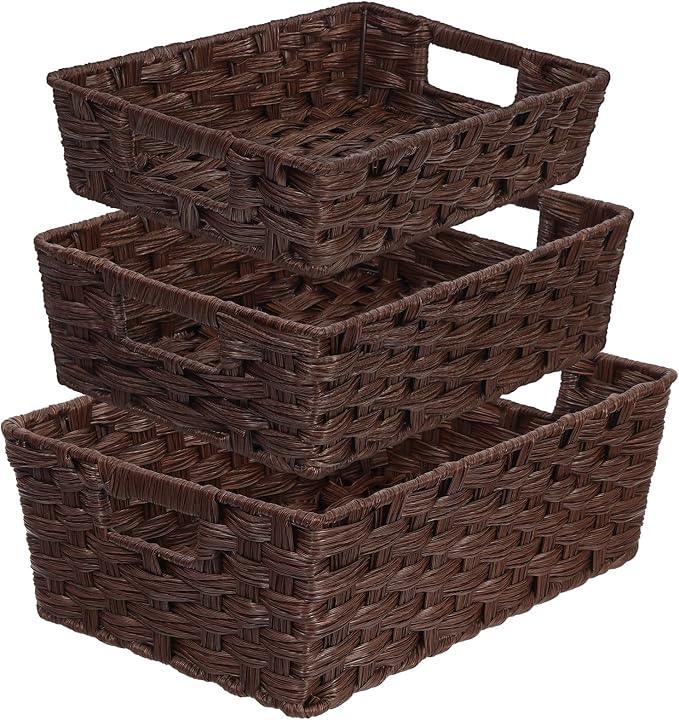 Ferrochef Set of 3 Large Wicker Storage Baskets for Shelves, Wicker Basket for Organizing, Waterproof Woven Baskets for Shelves and Pantry, Toilet, Bathroom, Bedroom, Patio(Brown) - ModernBath