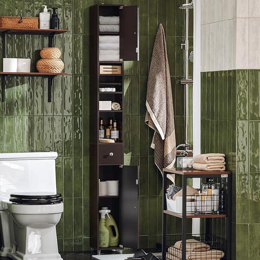 Haotian Bathroom Narrow Storage Cabinet, Skinny Tall Unit with Adjustable Shelves Slender Anti-Tipping Floor Standing Cupboard, Brown BZR34-BR - ModernBath