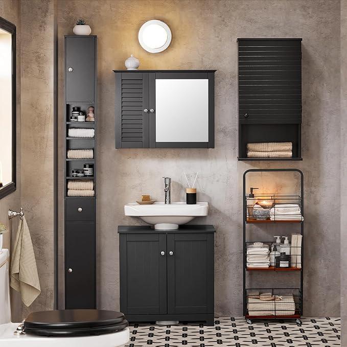 SoBuy Narrow Bathroom Storage Cabinet, Tall Slim Bathroom Organizers and Storage for Small Spaces, Freestanding Skinny Cabinet with Doors and Shelves for Tight Corners, Black BZR34-SCH - ModernBath