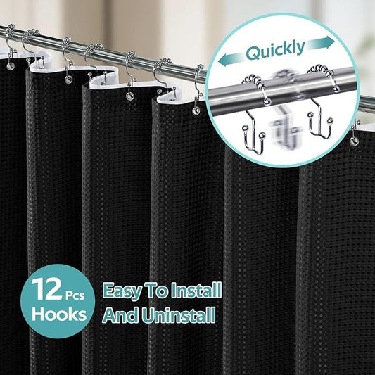 Vipfree 3 in 1 Shower Curtain Set, Waffle Shower Curtain and Liner Set with 12 Double Sided Shower Curtain Hooks, 258GSM Luxury Weighted Cloth Shower Curtains for Bathroom, 72 W x 84 H, Black - ModernBath