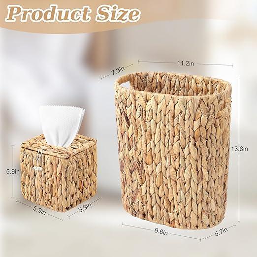 Water Hyacinth Trash Can 15L & Wicker Square Tissue Box, Handwoven Waterproof Waste Basket with Handles, Wicker Home Set for Bedroom, Bathroom, Kitchen, Office, Balcony (Khaki) - ModernBath
