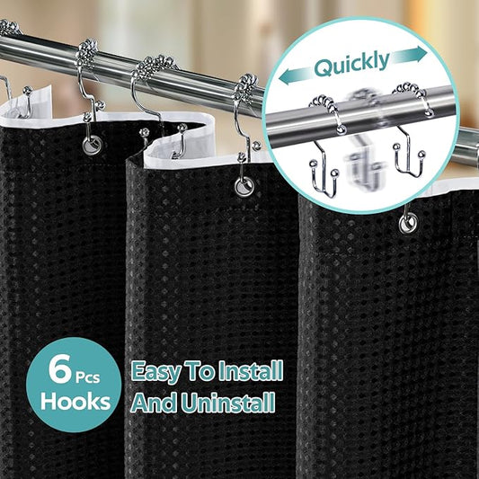 Vipfree 3 in 1 Shower Curtain Set, Waffle Shower Curtain and Liner Set with 6 Double Sided Shower Curtain Hooks, 258GSM Luxury Weighted Cloth Shower Curtains for Bathroom, 36 W x 72 H, Black