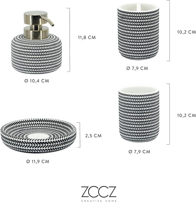 ZCCZ Black and White Bathroom Accessories Set, 4 Pieces - Toothbrush Holder, Soap Dispenser, Vanity Tray, Tumbler - Countertop Organizer for Bathroom Decor - Modern Accessory Set for Home and Office - ModernBath