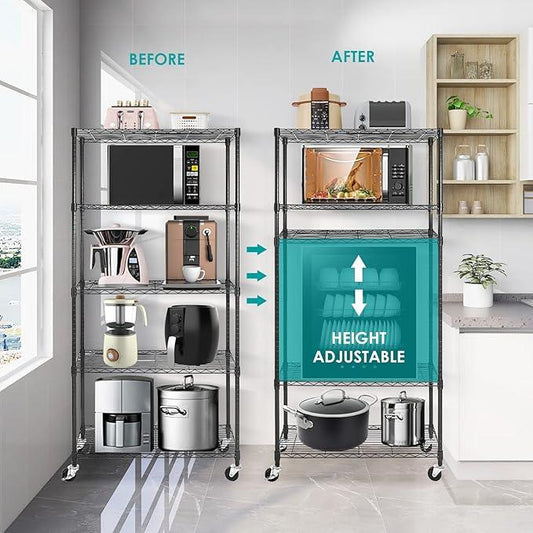 BNSPLY 5 Tier Wire Shelving Unit, Adjustable Metal Storage Rack, Mobile Wire Shelves for Kitchen, Laundry, Bathroom, Pantry, Closet Organization (17.7" D x 35.5" W x 71" H, Black) - ModernBath