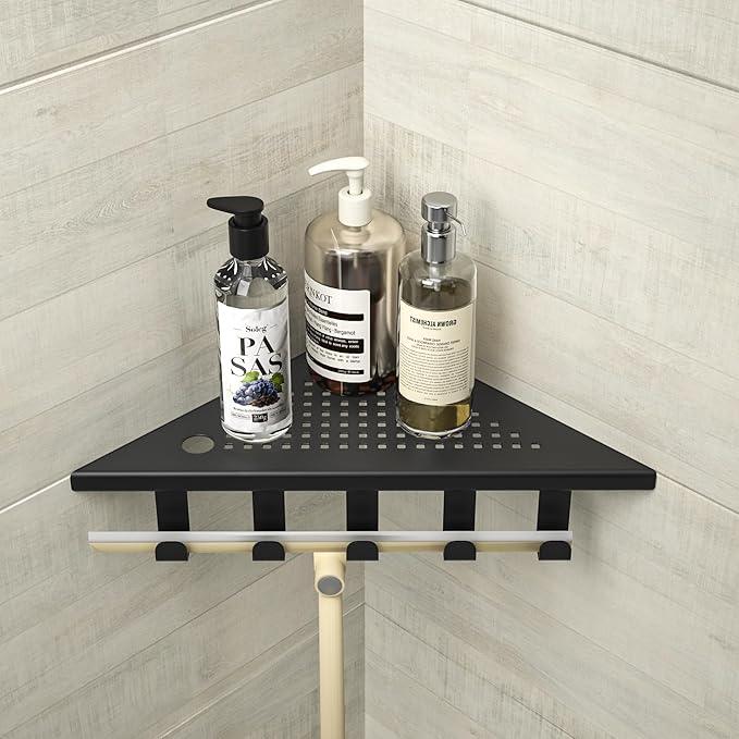 Grout in Shower Shelves with Hooks, 304 Stainless Steel Corner Bathroom Shelf for Tiled Wall (Matte Black, 10'' x 10'') - ModernBath