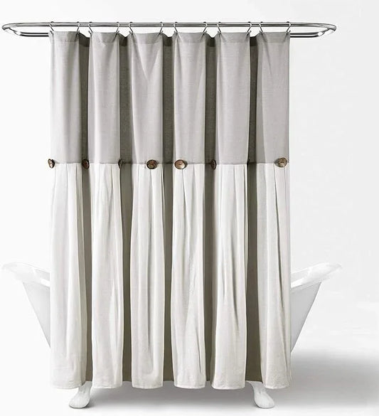 Lush Decor Linen Button Shower Curtain, 72" W x 84" L, Gray & Off White - Extra Long Shower Curtains - Gray Shower Curtain Fabric - Farmhouse Bathroom Decor - ModernBath
