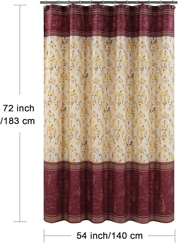 BESTRIPES Stall Fabric Shower Curtain, Burgundy and Gold Damask Print Narrow Cloth Shower Curtains for Bathroom, Classic Baroque Bathroom Small Curtains, 54" W x 72" H - ModernBath