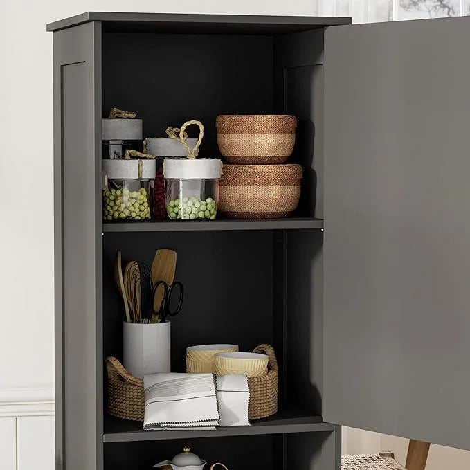 Homhedy 67"H Tall Bathroom Storage Cabinet with Rattan Decorated Door and Drawer, Narrow Storage Unit, Adjustable Shelves, Floor Cabinet for Bathroom, Living Room, Kitchen, Black and Natural, (15.7"W) - ModernBath