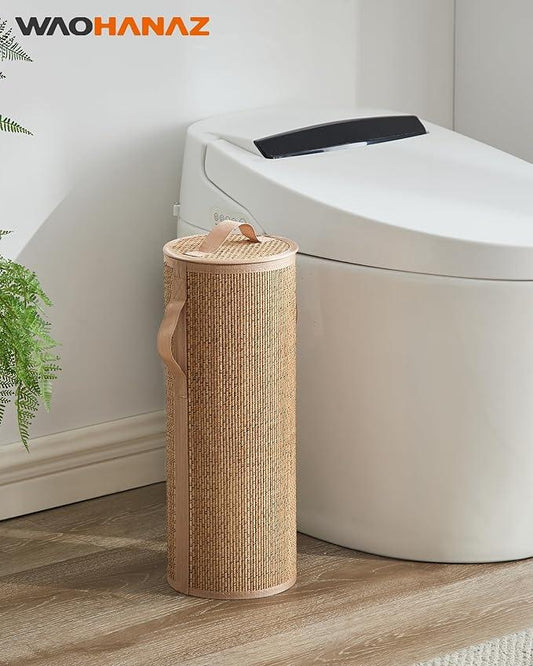 Bamboo Toilet Paper Storage Basket with Lid & Handle - 10L Handwoven Bathroom Organizer for 4 Rolls - Sturdy Stand Holder for Toilet Paper Organization, Carbon Brown - ModernBath