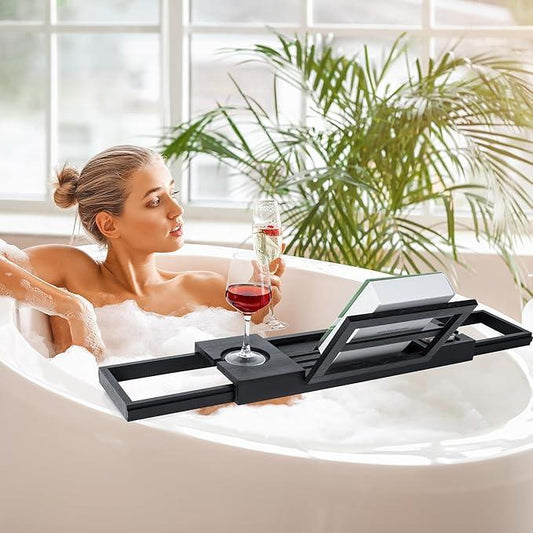 Utoplike Bamboo Bathtub Tray Black, Adjustable Bath Caddy Table for Tub, Bathroom Organizer with Book Tablet Wine Glass Cup Towel Holder - ModernBath