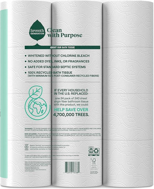 Seventh Generation Toilet Paper White Bathroom Tissue 2-ply 100% Recycled Paper without Chlorine Bleach 24 count, Pack of 2 - ModernBath