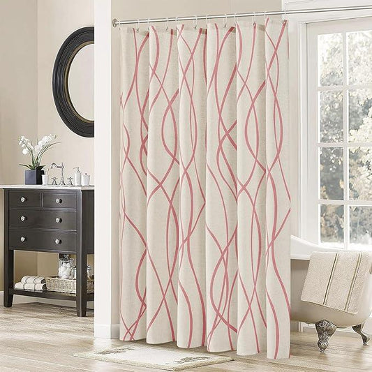 Pink Modern Farmhouse Linen Shower Curtain, Country Cottage Bathroom Decor Striped Minimal Boho Textured Linen Shower Curtain Set with Hooks, 72x72 - ModernBath