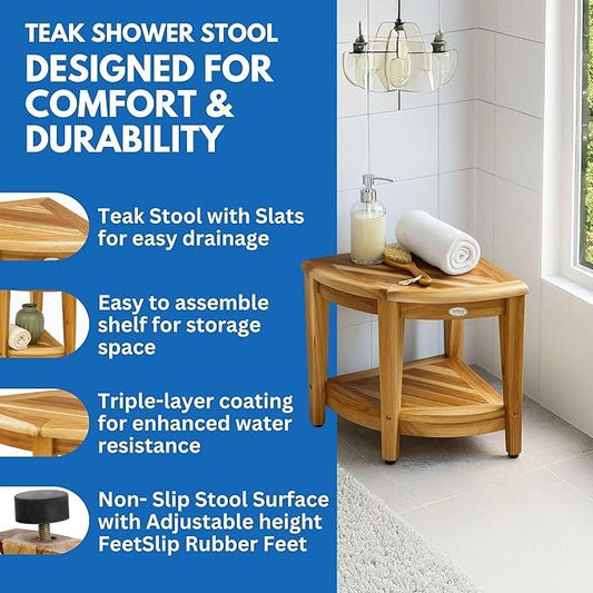 EcoDecors Teak Shower Corner Caddy 18" – Waterproof Wood Storage Organizer with Built-in Shelf and Adjustable Feet - Ideal for Small Bathrooms & Walk-in Showers - Indonesian Teak - ModernBath