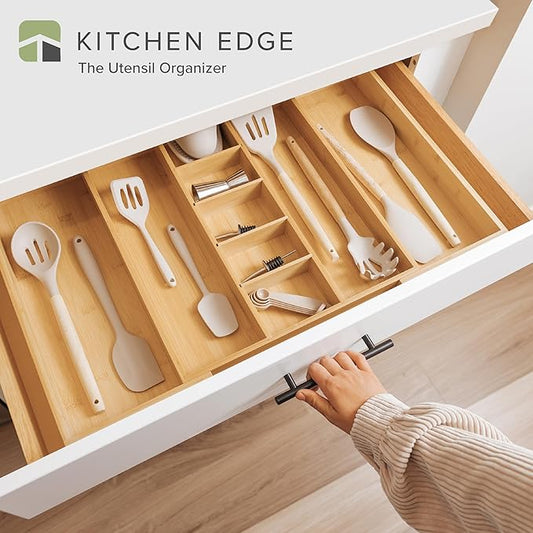 KitchenEdge Adjustable Bamboo Kitchen Drawer Organizer for Utensils and Junk, Expandable to 28 inches Wide, 9 Compartments