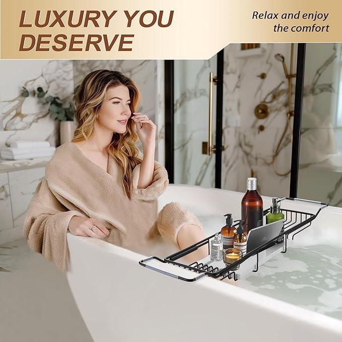 BVL Bathtub Tray Stainless Steel with Marble Base Matte Black Bathtub Tray with White Marble Base Adjustable & Rustproof Bath Caddy for Spa, Relaxation, Bath Bombs - ModernBath